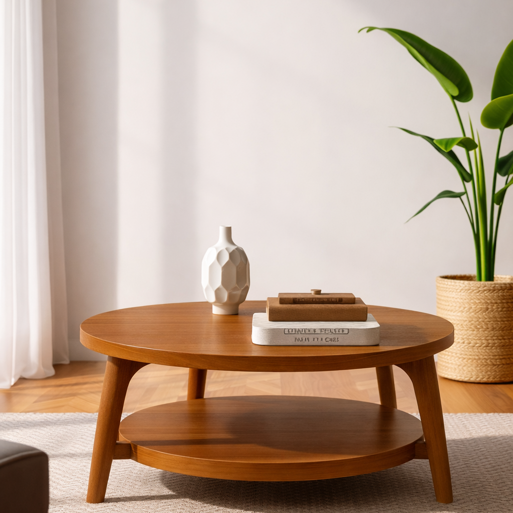 Scandinavian Round Solid Wood Coffee Table – Modern Two-Tier Design