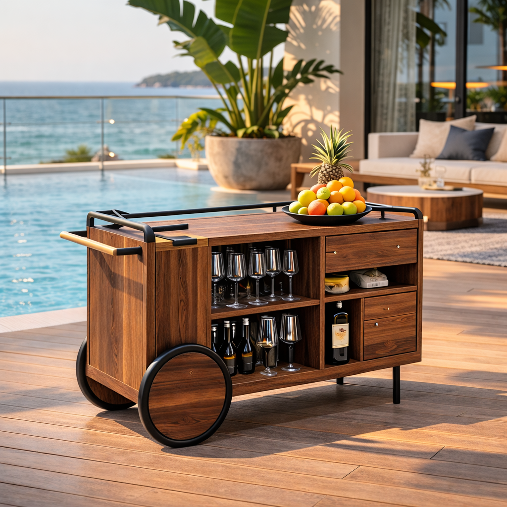 Outdoor Bar Cart – Rustic Solid Wood Cart with Wheels and Wine Storage