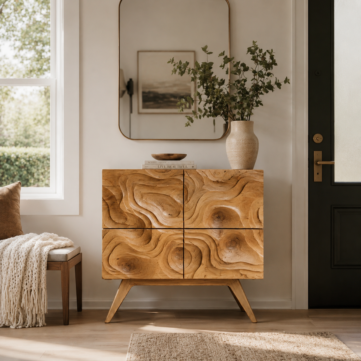 Topographic Carved Wood Accent Cabinet