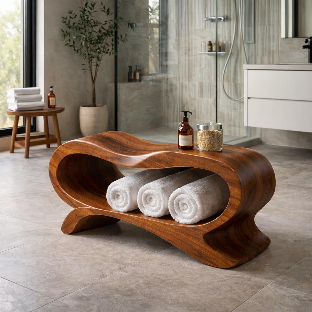 Sculptural Towel Rack Stand – Solid Wood Rolled Towel Holder for Bathroom Decor