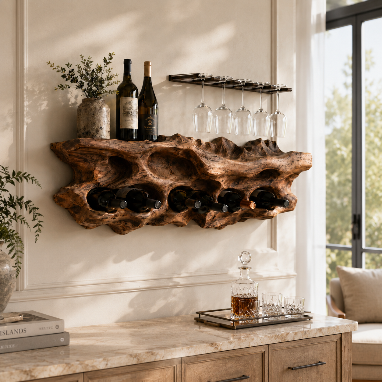Wall-Mounted Wine Rack – Solid Wood Bottle Holder for Home Bar