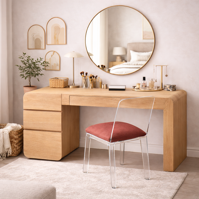 Modern Solid Wood Makeup Vanity Table – Handcrafted Wooden Dressing Table with Drawers for Bedroom Hover Image