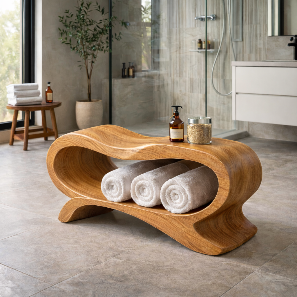 Sculptural Towel Rack Stand – Solid Wood Rolled Towel Holder for Bathroom Decor