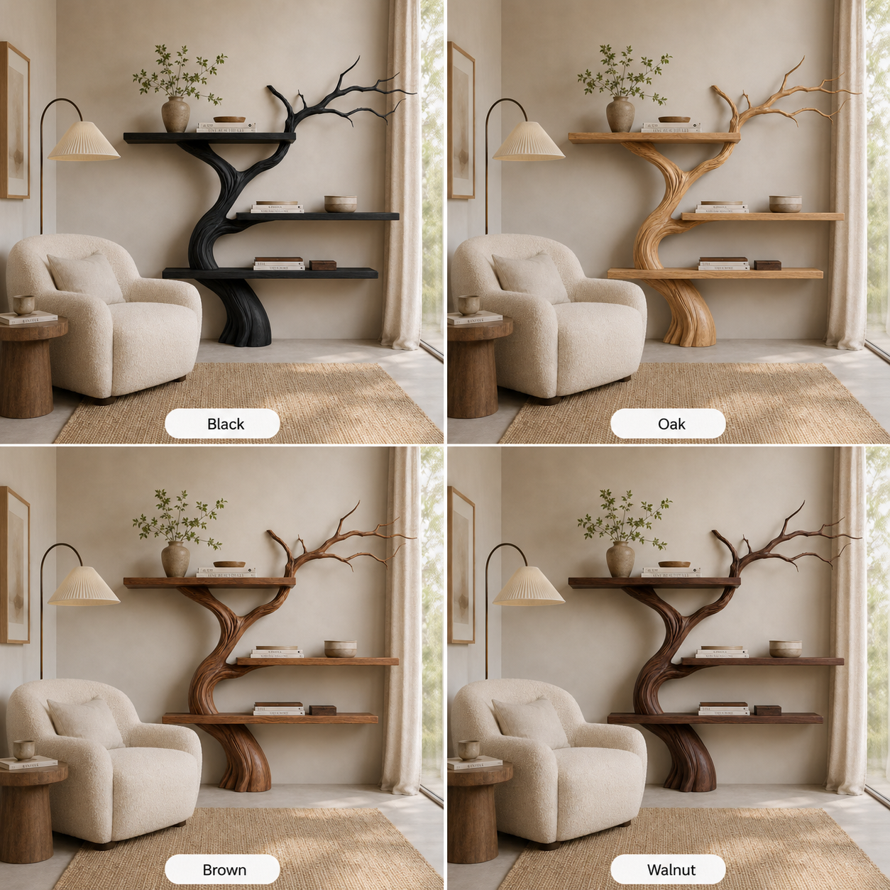 Tree Branch Wood Bookshelf – Solid Wood Wall Shelf with Sculptural Tree Design