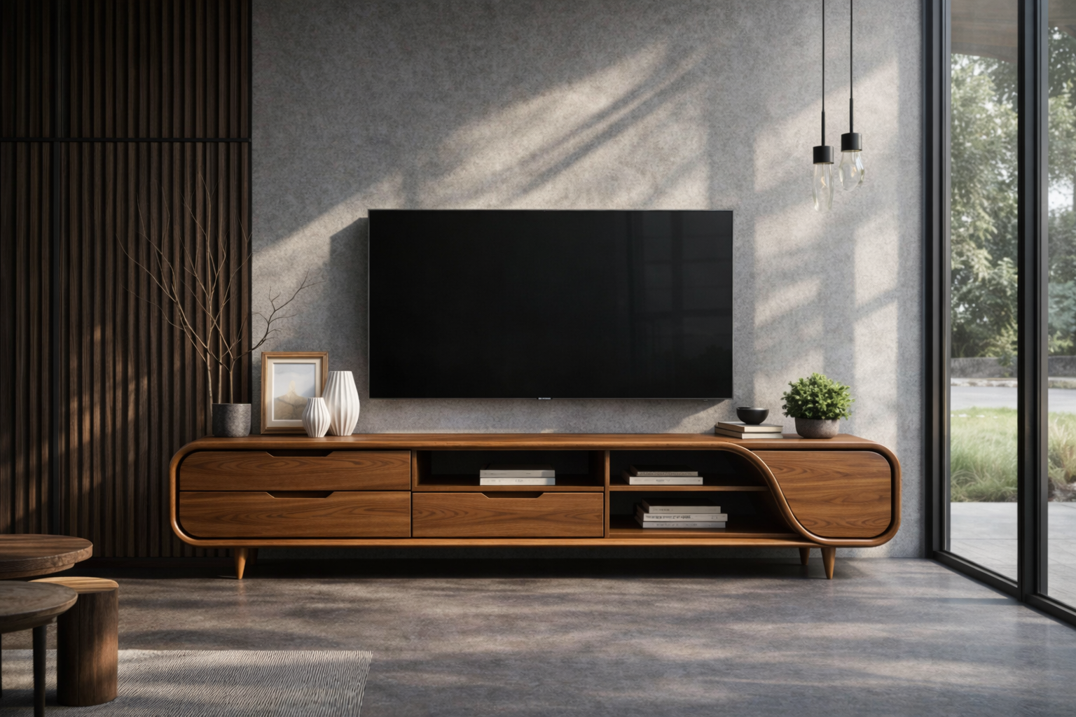 Solid Wood Curved Media Console – Low Profile TV Stand
