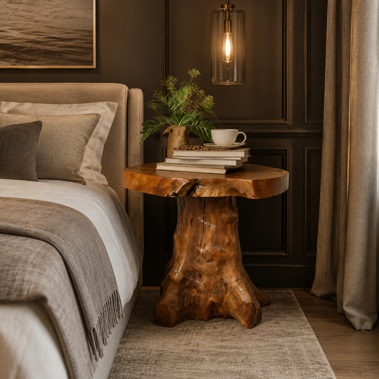 Tree Stump Nightstand – Solid Wood Bedside Table for Bedroom