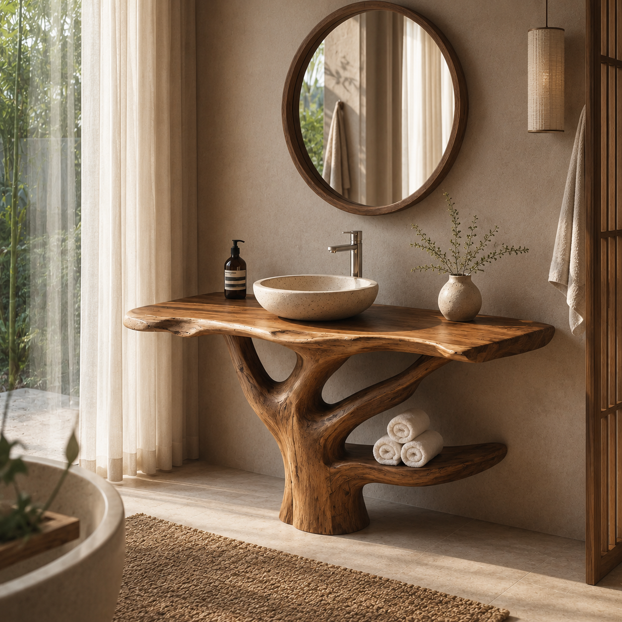Live Edge Wood Bathroom Vanity – Solid Wood Sink Console with Towel Shelf for Bathroom Decor
