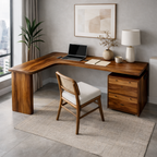 Solid Wood L-Shaped Corner Desk with Drawers for Home Office