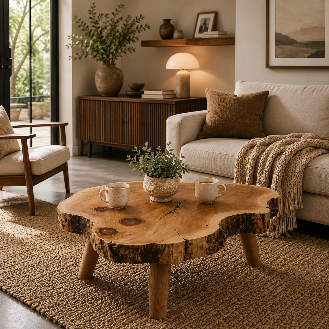 Rustic Solid Wood Coffee Table – Organic Tree Slice Center Table for Living Room Decor