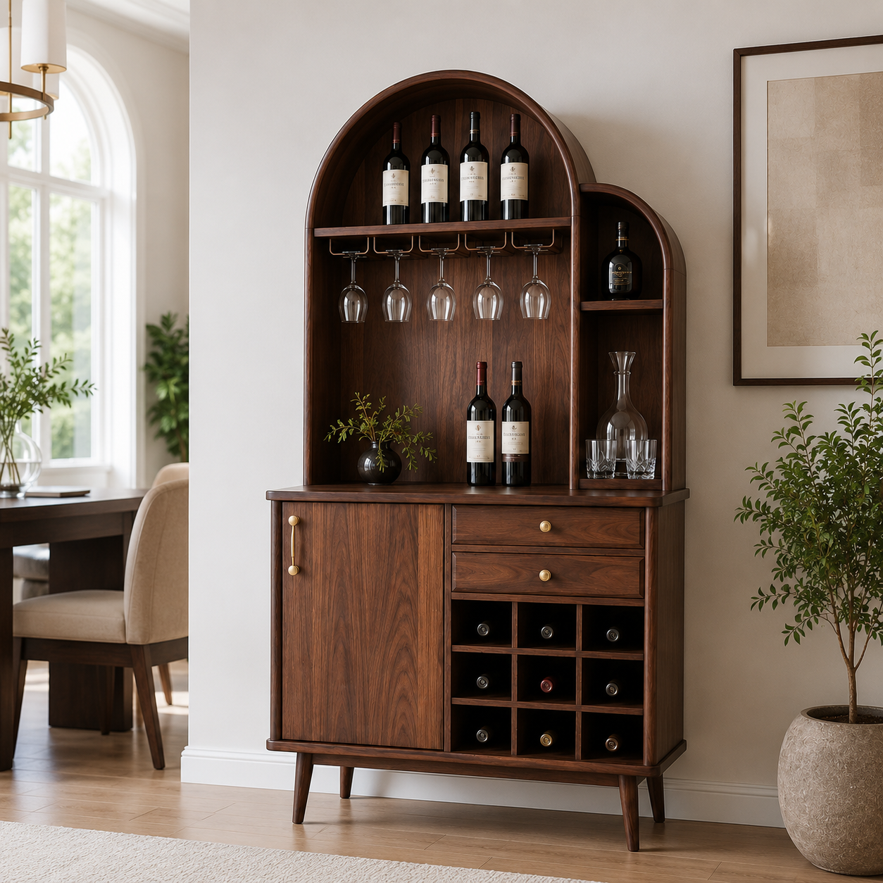Arched Wood Wine Cabinet – Solid Wood Bar Storage Cabinet for Dining Room Decor