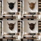 Highland Cow Wood Wall Art – Solid Wood 3D Animal Head Sculpture for Living Room Decor
