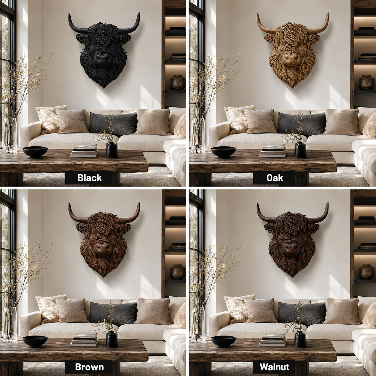 Highland Cow Wood Wall Art – Solid Wood 3D Animal Head Sculpture for Living Room Decor