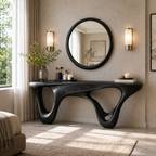 Sculptural Console Table – Wooden Entryway Table with Round Mirror