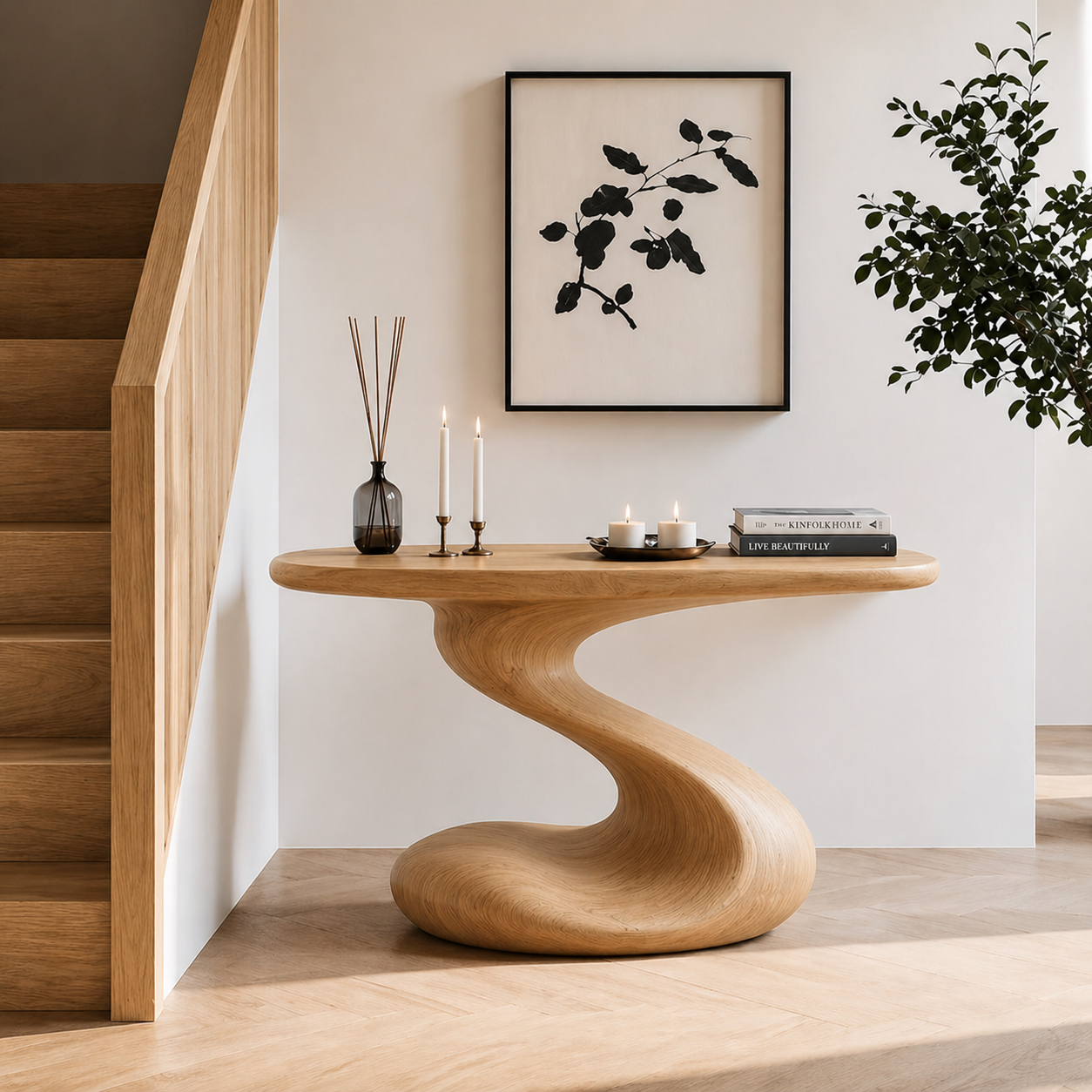 Sculptural Console Table – Solid Wood Modern Table for Entryway Decor