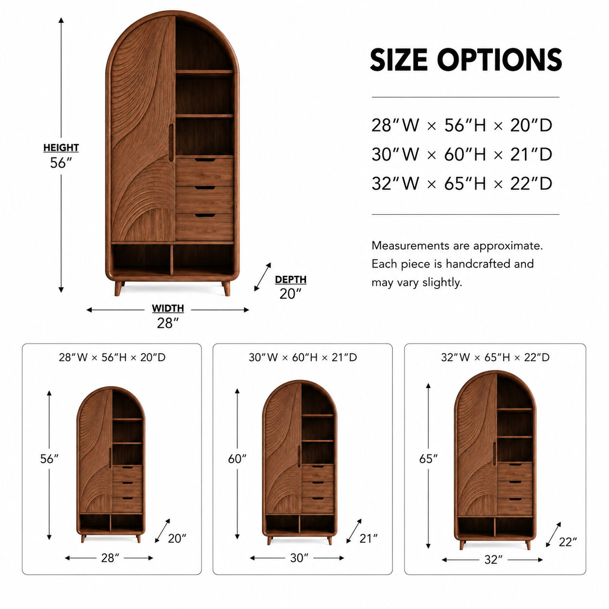 Arched Wood Wardrobe – Solid Wood Carved Storage Cabinet for Bedroom Decor