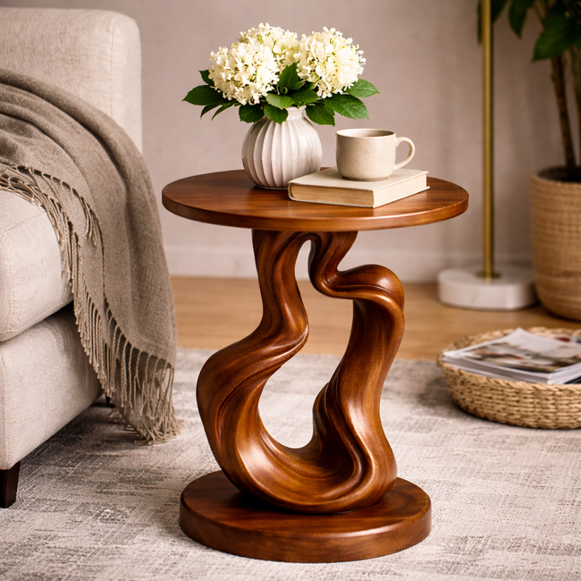 Twisted Side Table – Sculptural Solid Wood Table for Modern Living Room Hover Image