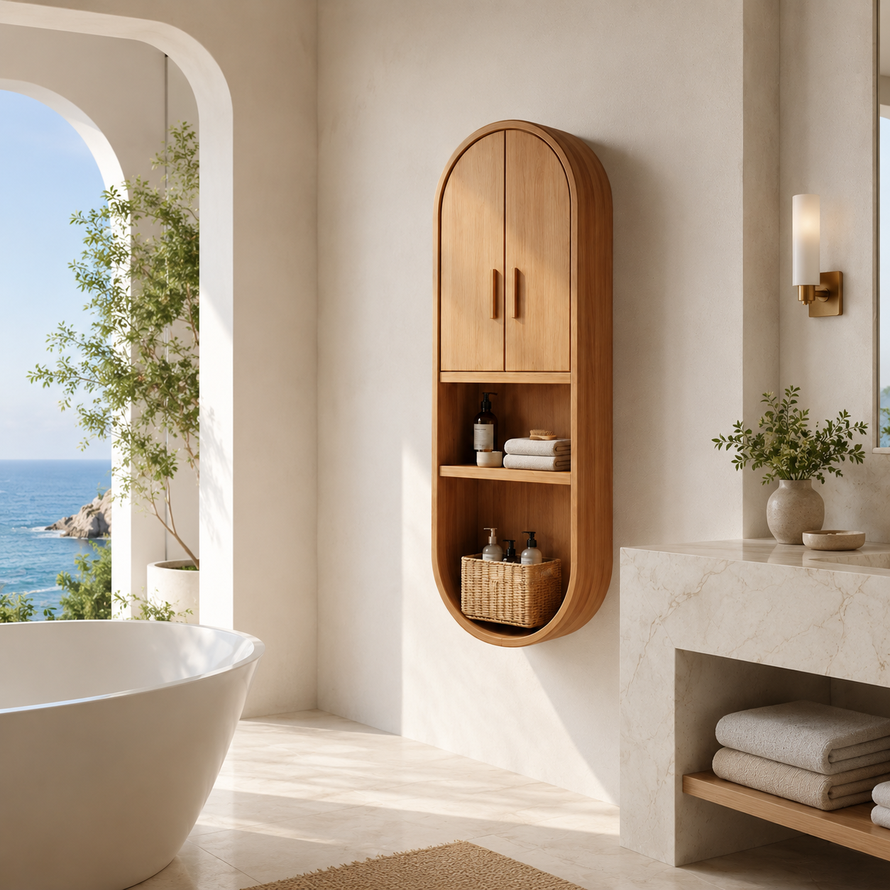 Arched Wood Bathroom Cabinet – Solid Wood Wall Mounted Storage Cabinet for Bathroom Decor