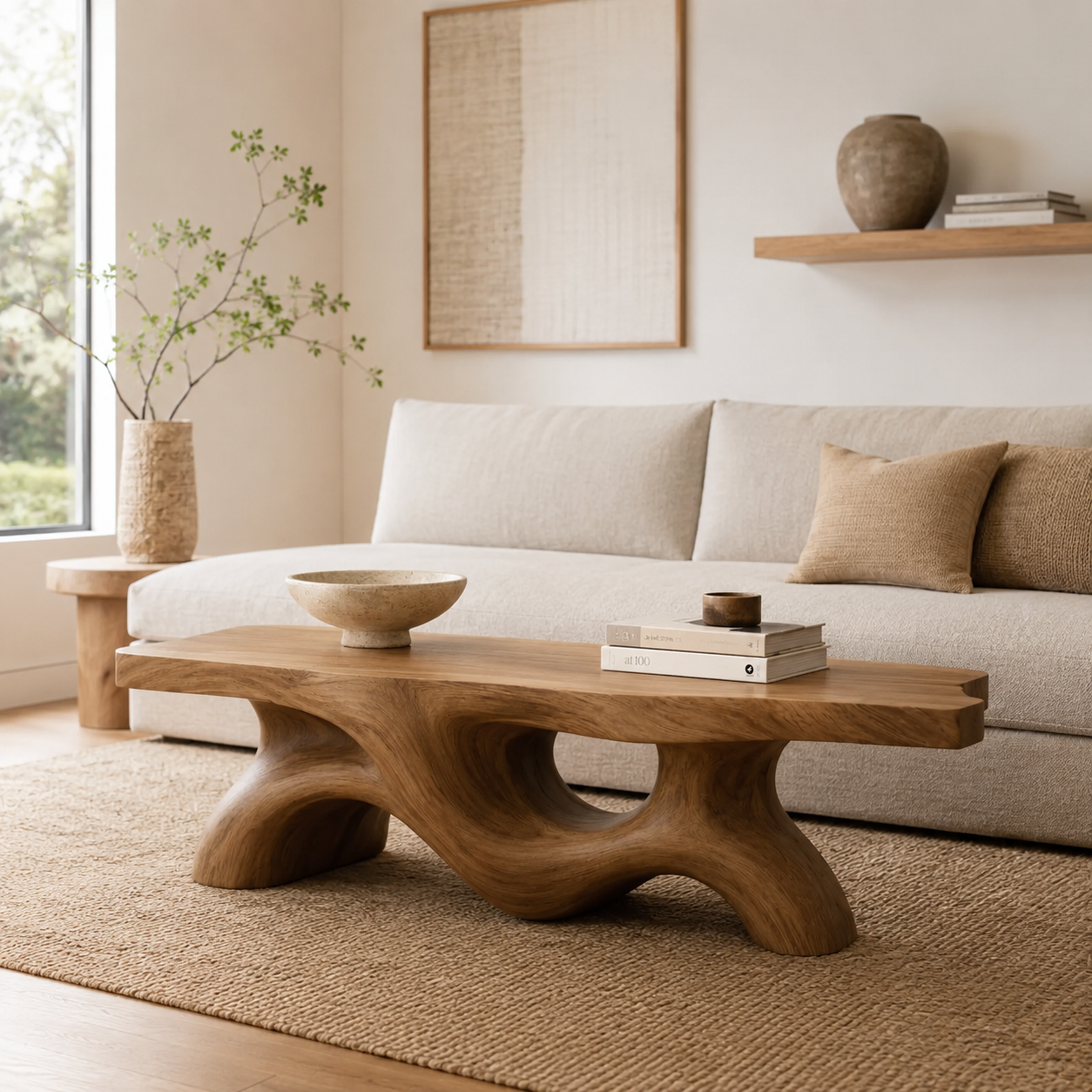 Sculptural Wave Solid Wood Coffee Table – Handcrafted Organic Curved Design