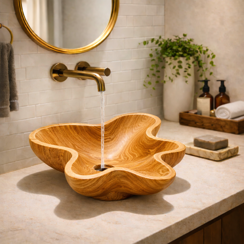 Wooden Floral Sink Basin - Handcrafted Natural Bathroom Sink