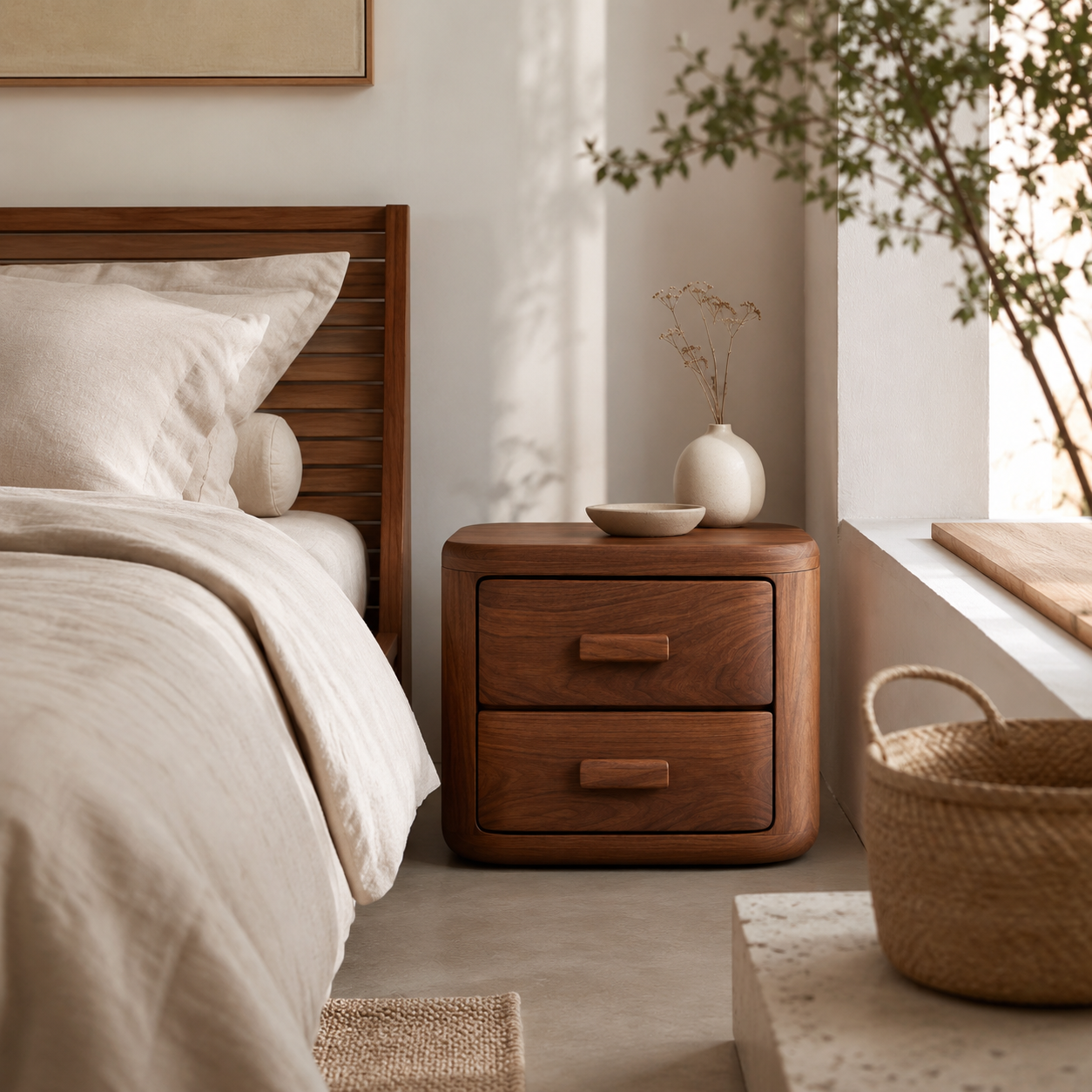 Rounded Wood Nightstand – Solid Wood Bedside Table for Bedroom Decor