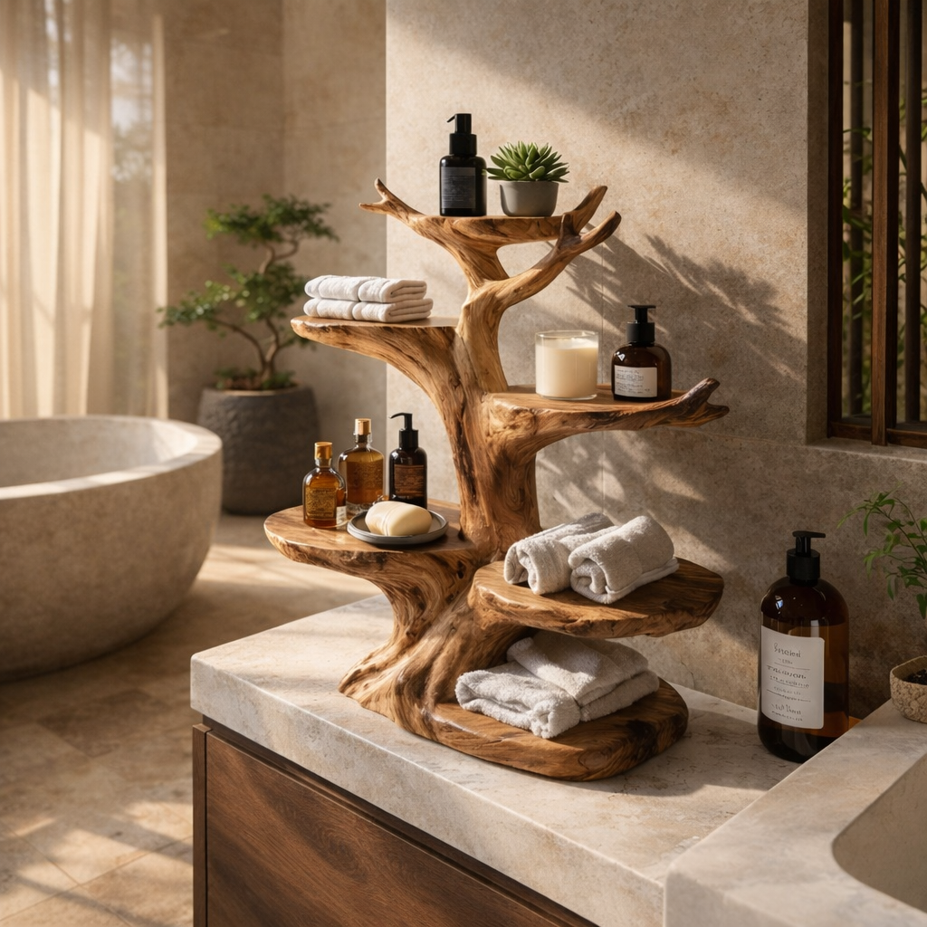 Tree Branch Bathroom Shelf – Solid Wood Counter Shelf for Bathroom Decor