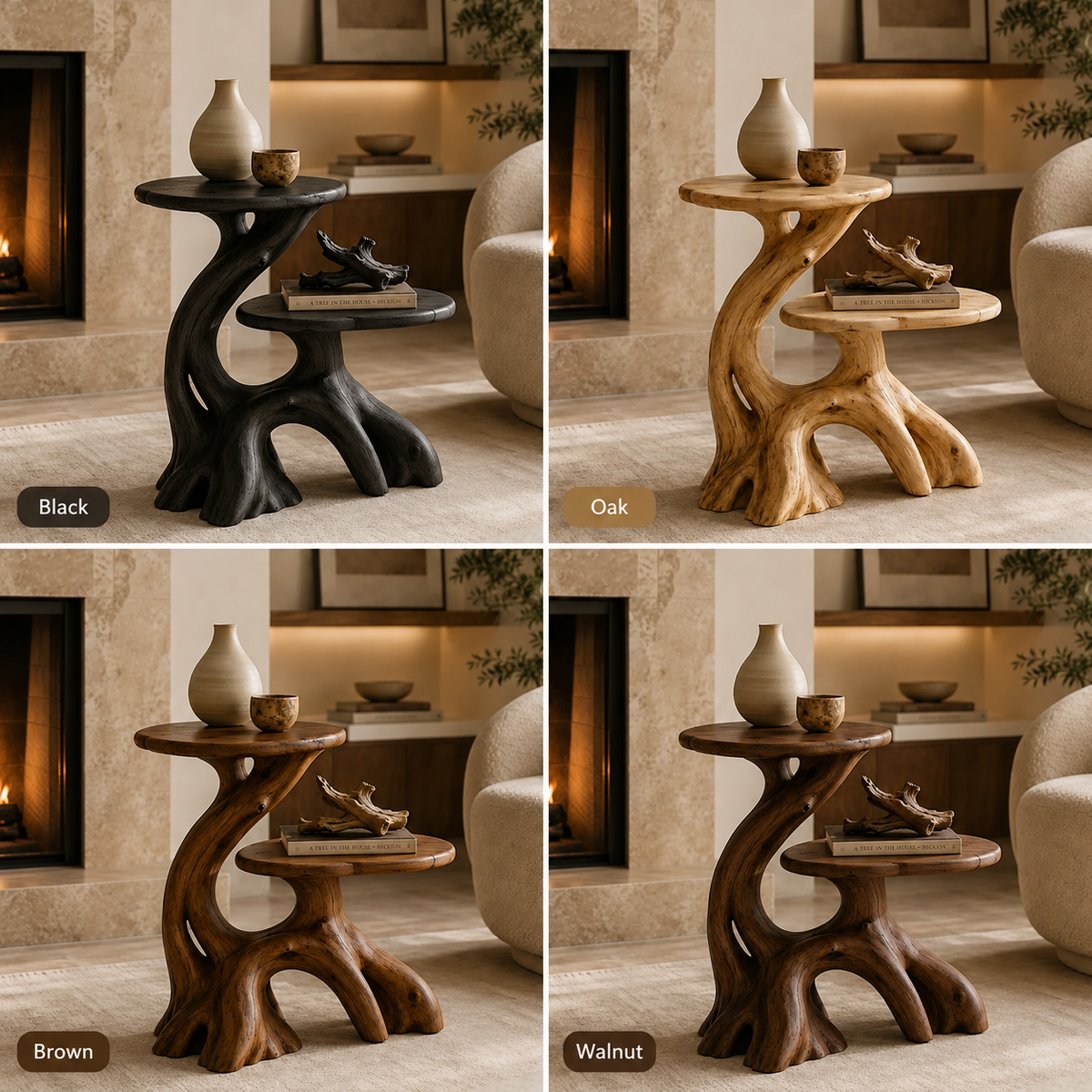 Sculptural Side Table – Solid Wood Accent Table for Living Room
