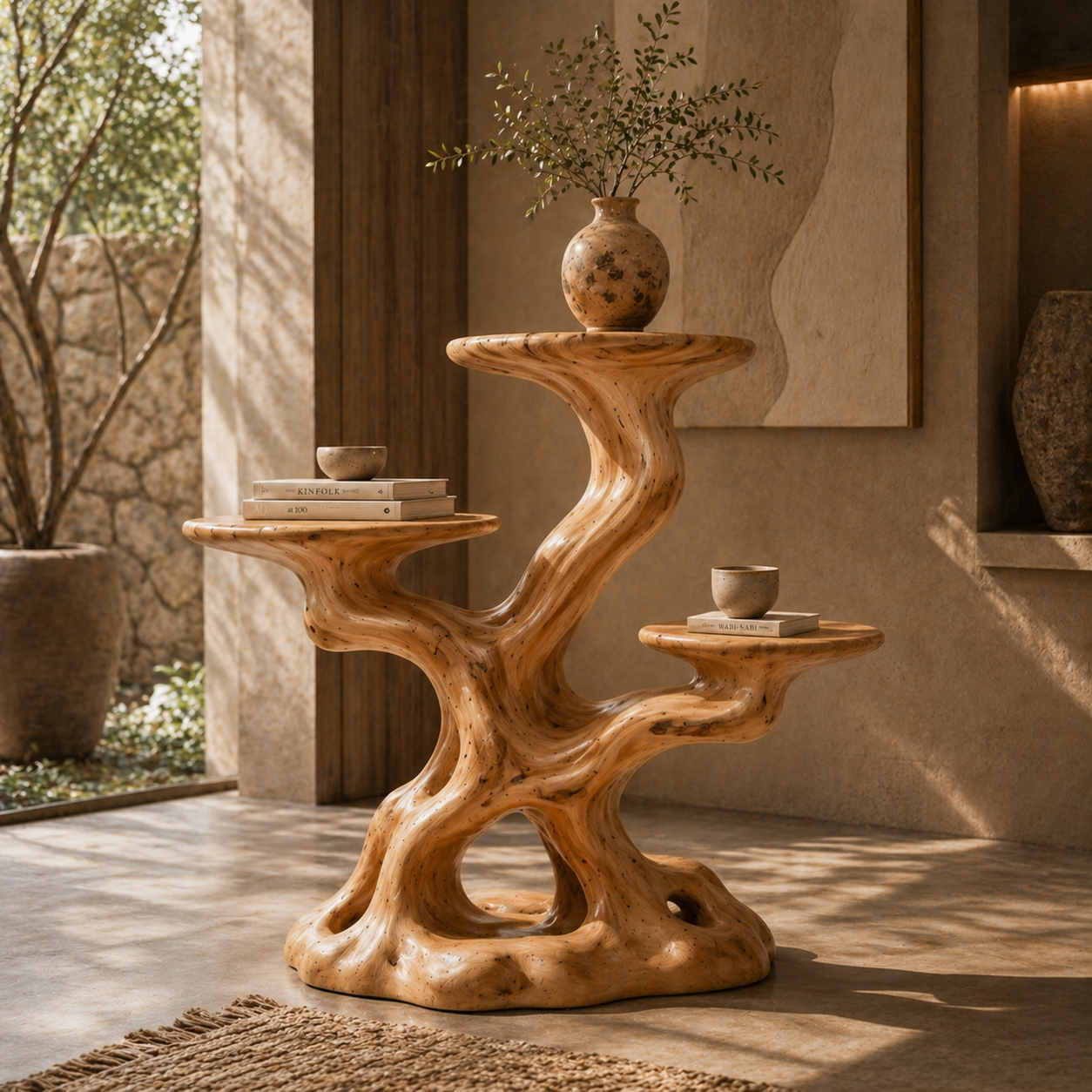 Sculptural Wooden Plant Stand – Solid Wood Display Table for Living Room and Modern Home Decor