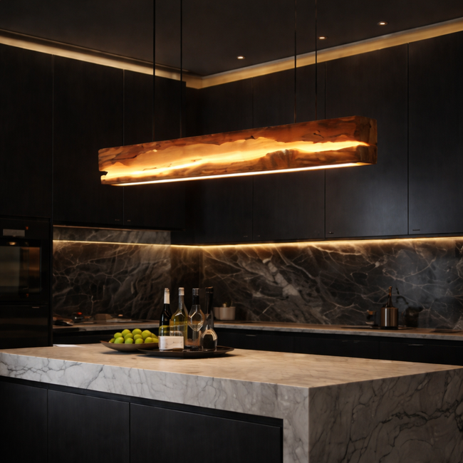 Live Edge Solid Wood Linear Pendant Light – Rustic Wooden Hanging Ceiling Lamp for Kitchen Island and Dining Room Hover Image