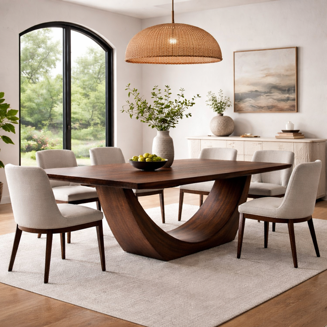 Modern Solid Wood Dining Table with Sculptural Base | Contemporary Statement Dining Table Hover Image
