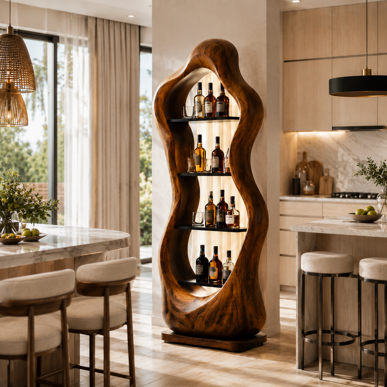 Sculptural Wine Cabinet – Solid Wood Bottle Storage Cabinet