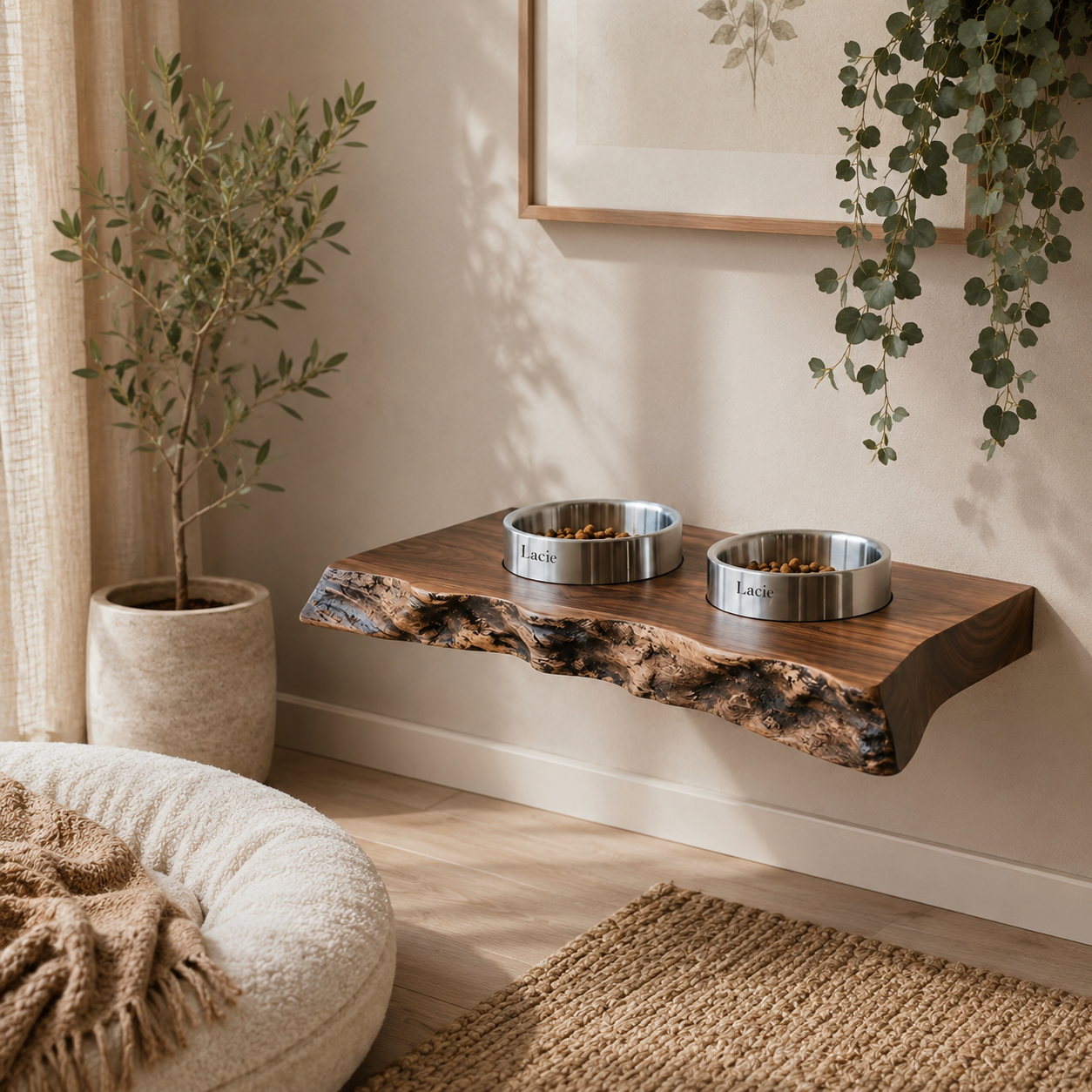 Live Edge Wood Pet Bowl Shelf – Solid Wood Wall Mounted Feeding Station for Home Decor