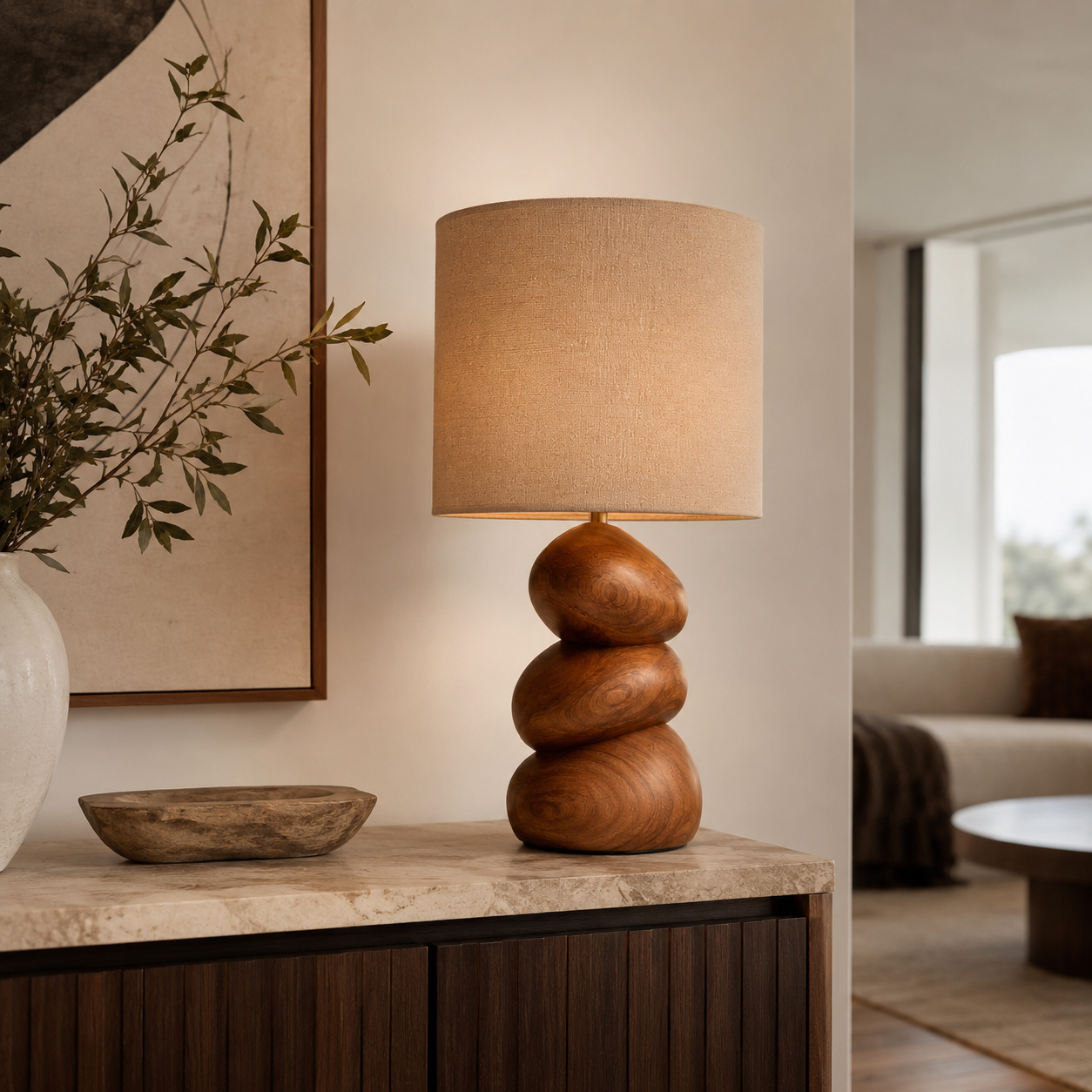 Pebble Wood Table Lamp – Solid Wood Stacked Bedside Lamp for Bedroom Decor