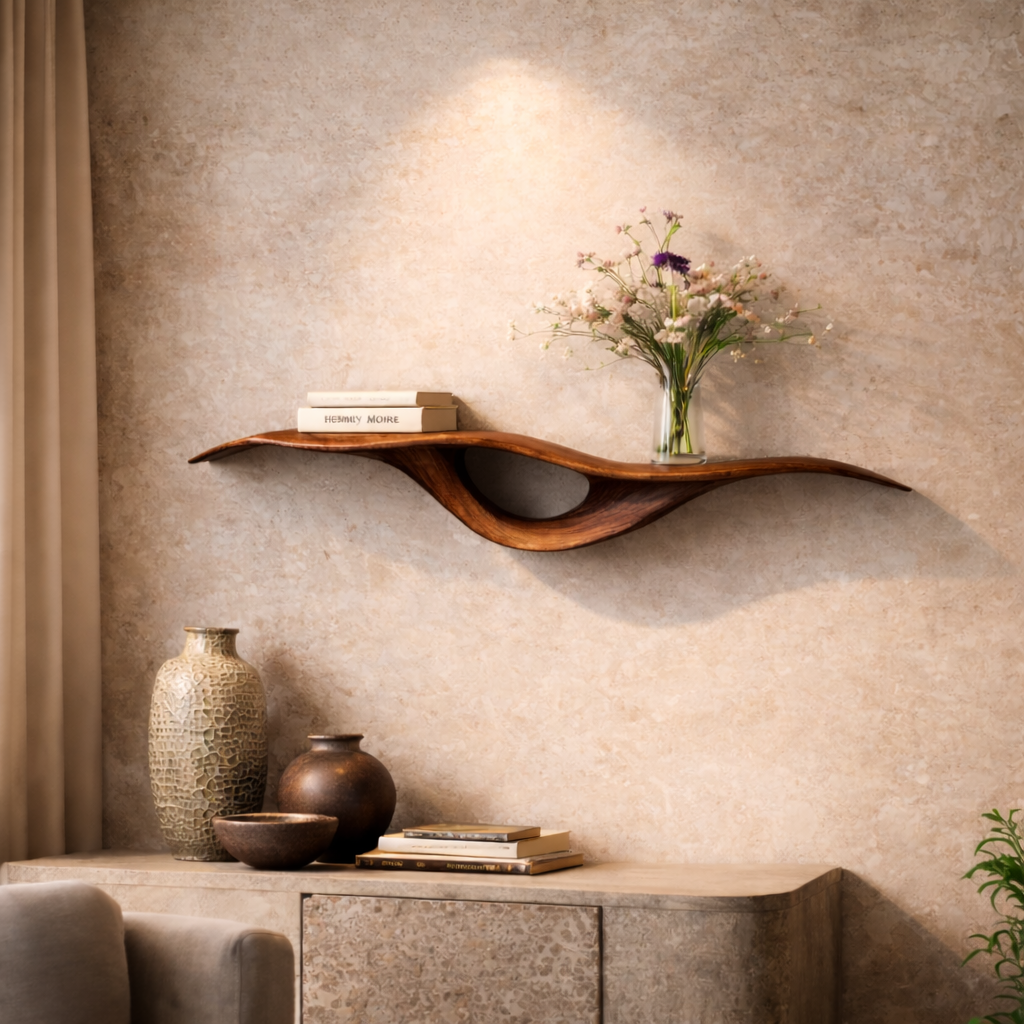 Curved Floating Shelf – Sculptural Solid Wood Wall Shelf for Living Room