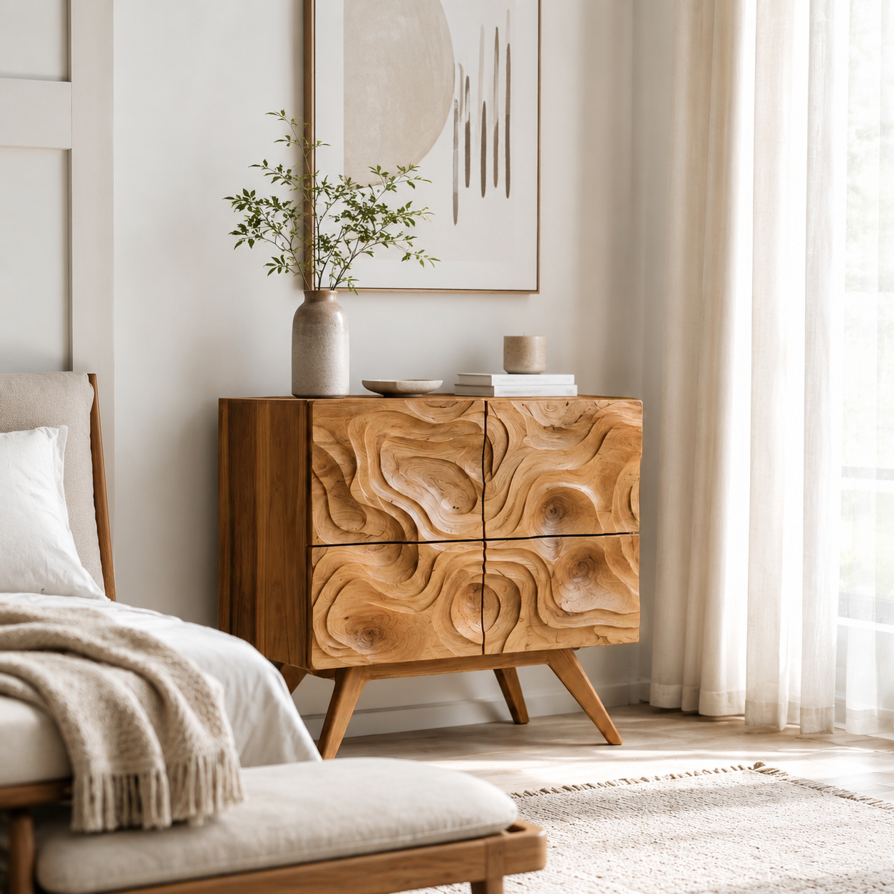 Topographic Carved Wood Accent Cabinet