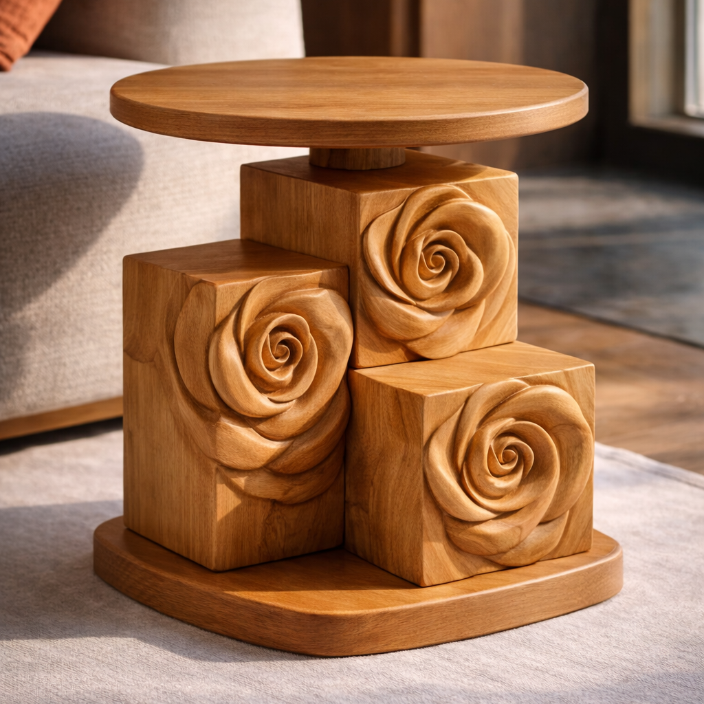 Sculptural Solid Wood Rose Side Table – Hand-Carved Floral Accent