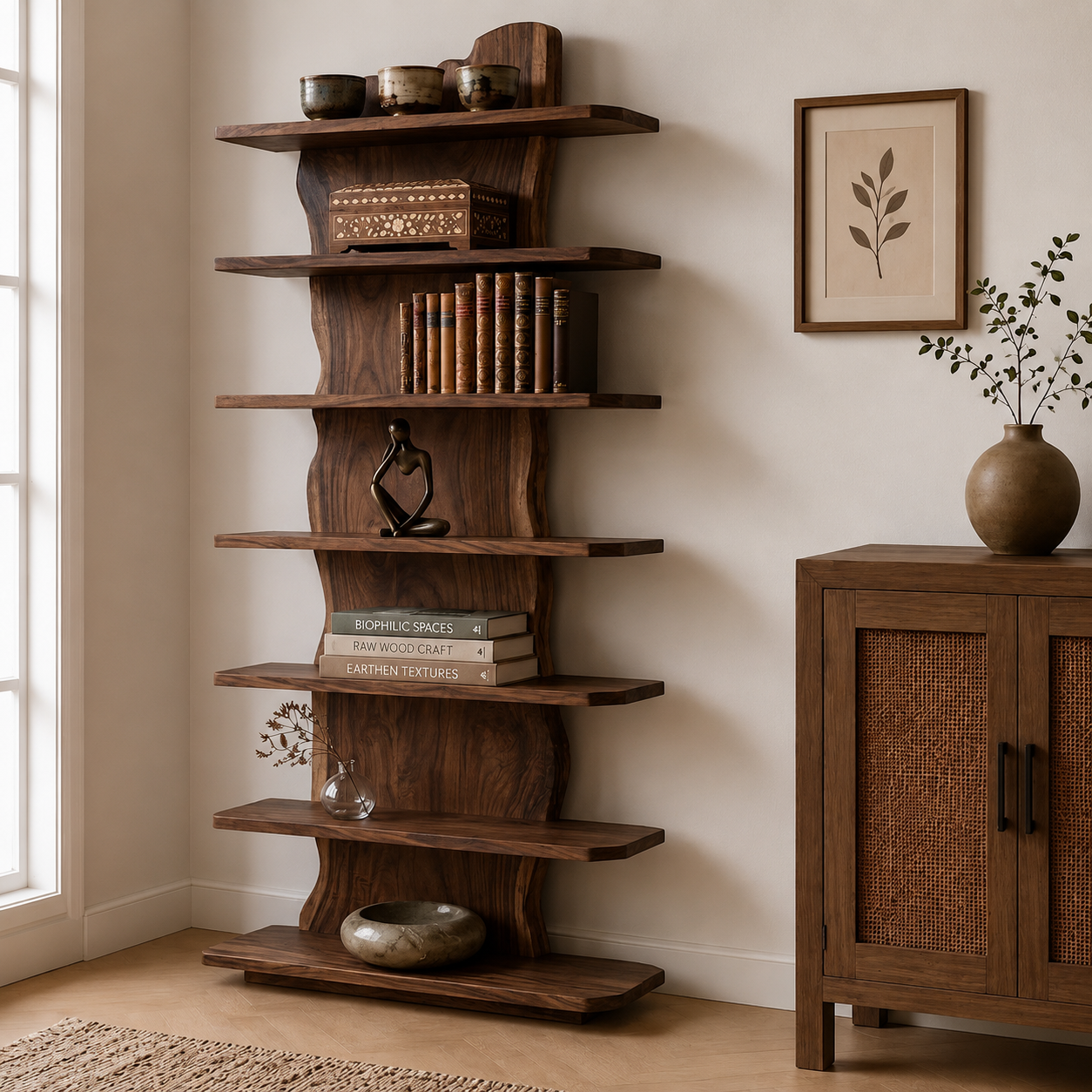 Tall Bookcase – Solid Wood Display Shelf for Living Room
