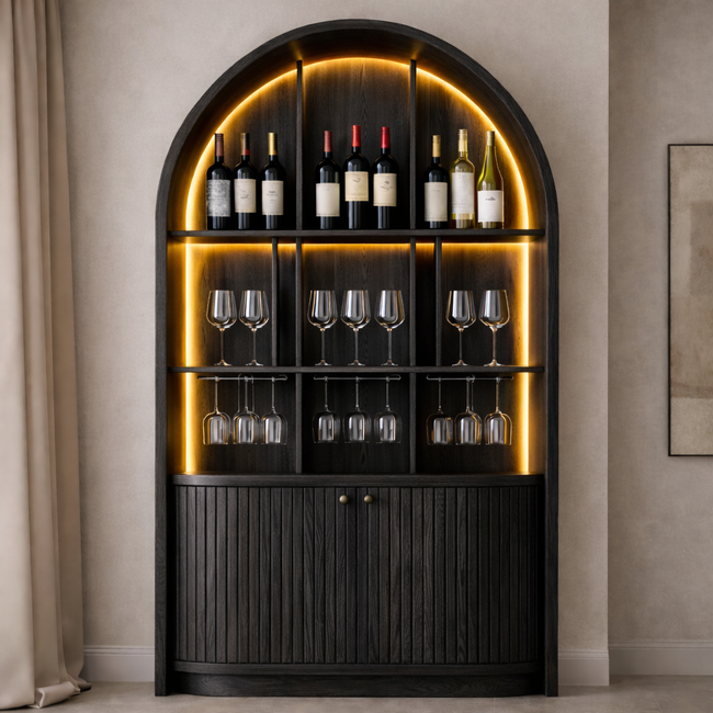 Arched Wooden Bar Cabinet with Glass Display & LED Lighting | Luxury Home Bar Storage Main Image