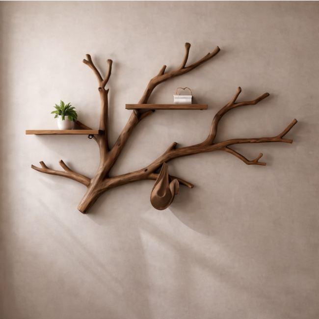Rustic Solid Wood Branch Wall Shelf for Living Room Decor Hover Image