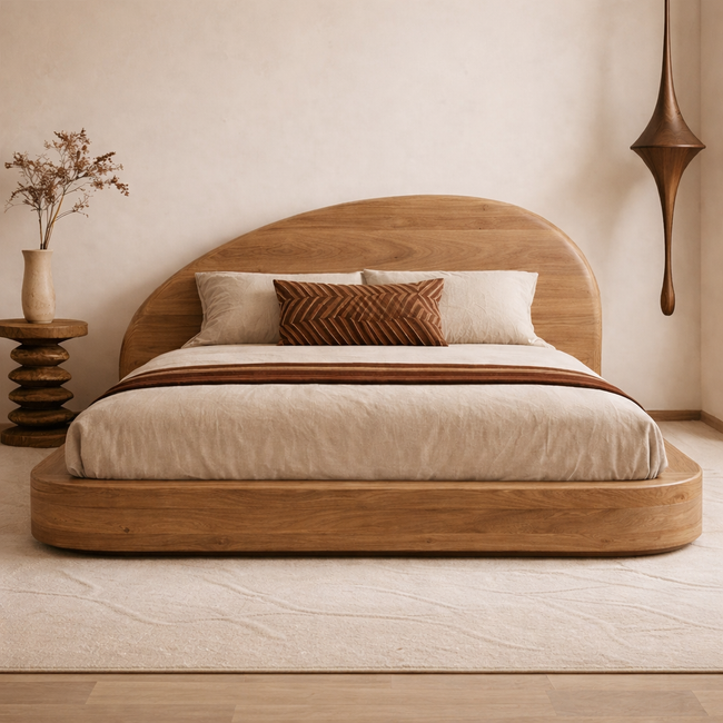 Minimalist Wooden Bed Frame | Modern Organic Design with Curved Headboard Hover Image