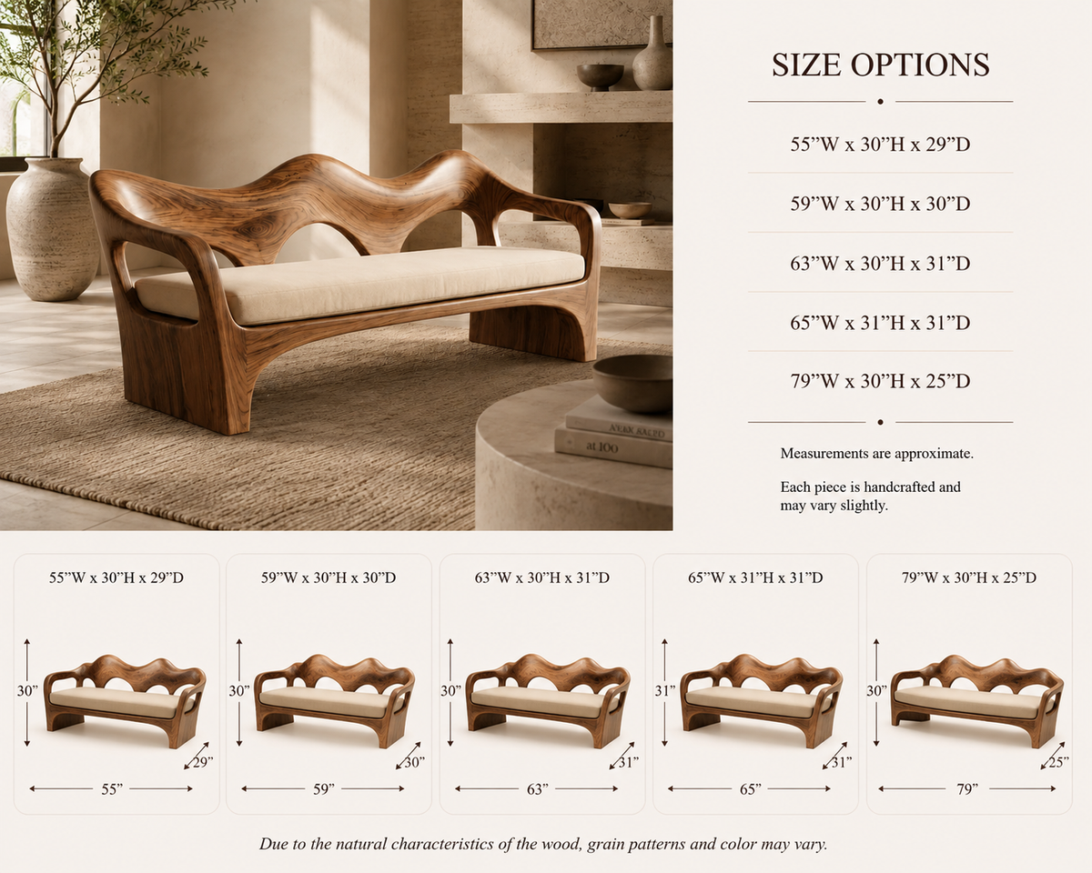 Sculptural Sofa Bench – Solid Wood Bench with Cushioned Seat