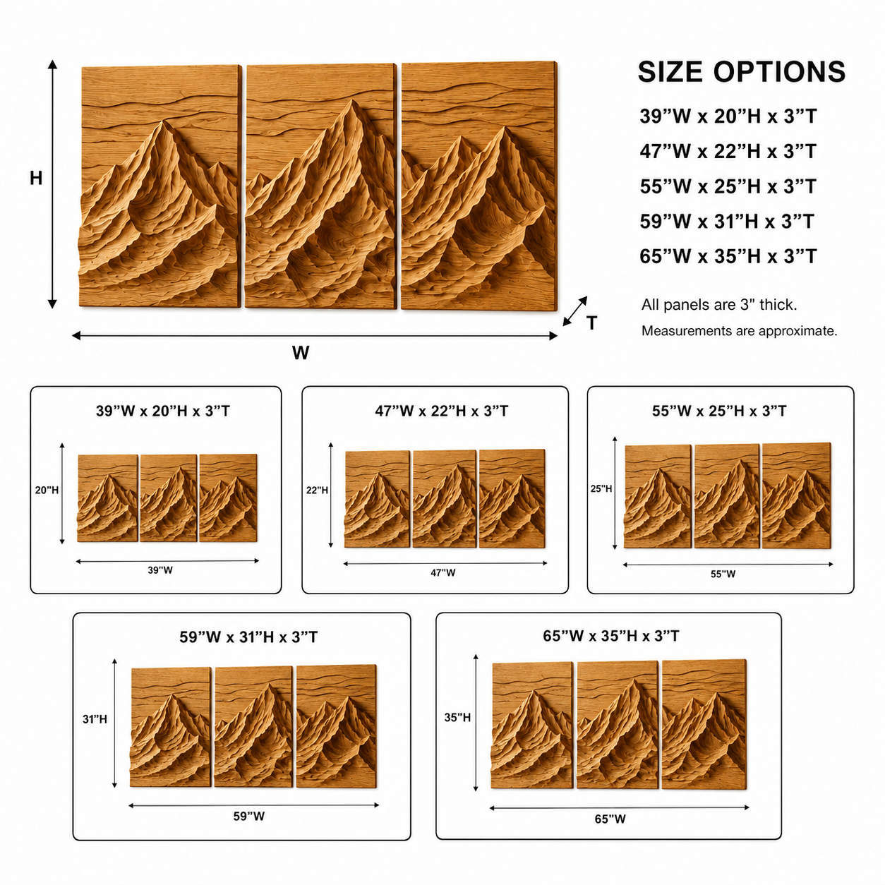 Mountain Wood Wall Art – Solid Wood 3 Panel Carved Wall Decor for Entryway Decor