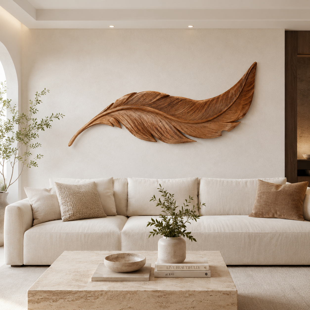 Feather Wood Wall Art – Solid Wood Carved Wall Decor for Bedroom Decor
