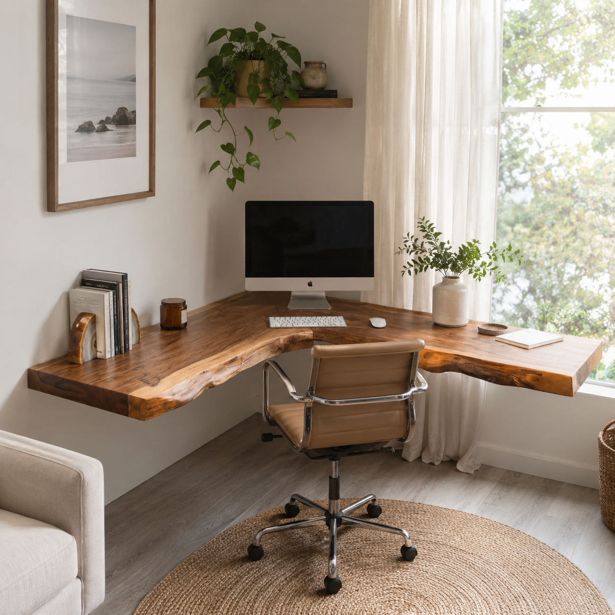 Live Edge Corner Desk – Solid Wood Floating Computer Desk for Home Office Decor