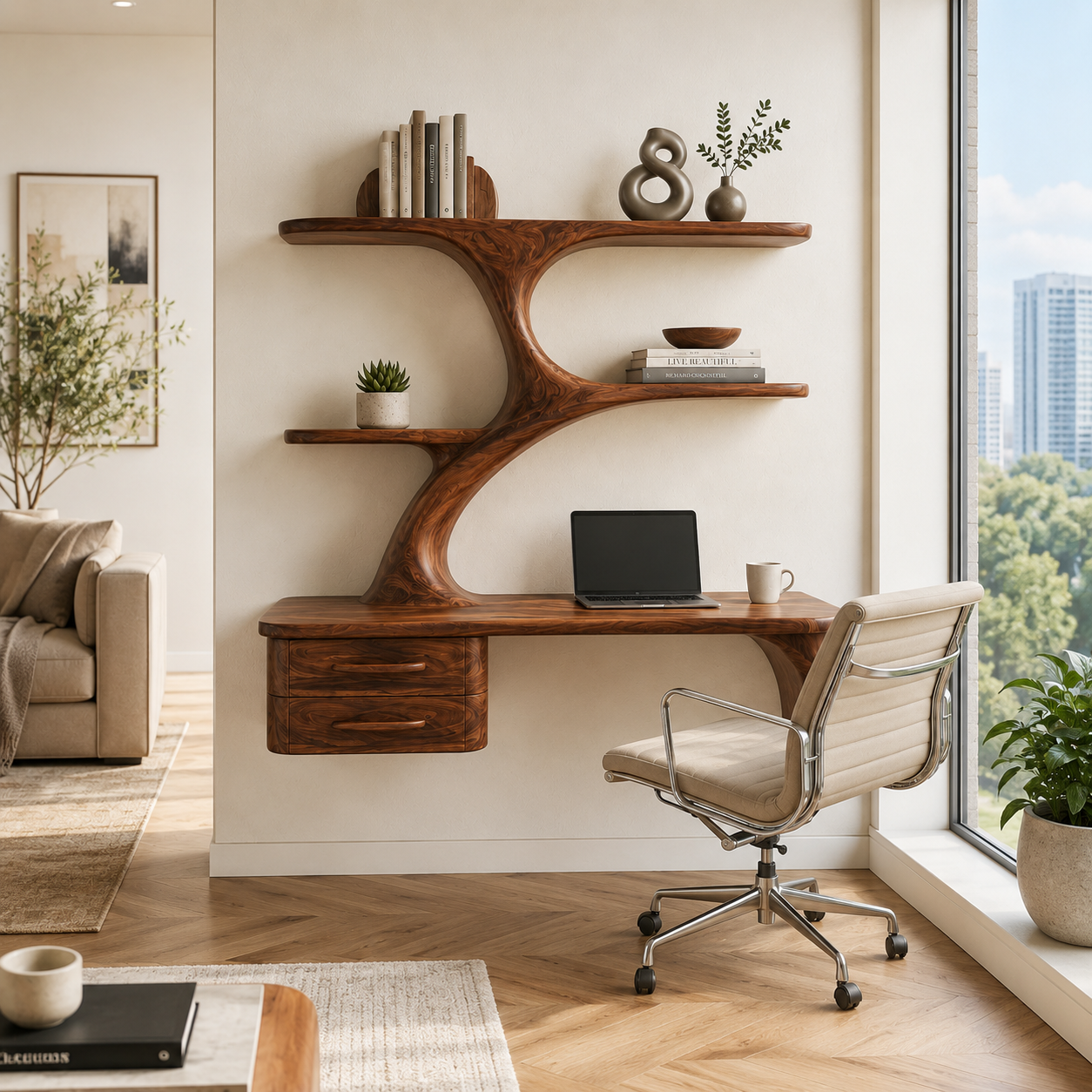 Tree Branch Wood Floating Desk – Solid Wood Wall Mounted Computer Desk for Home Office Decor