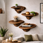 Organic Wooden Floating Wall Shelves Set – Sculptural Modular Display