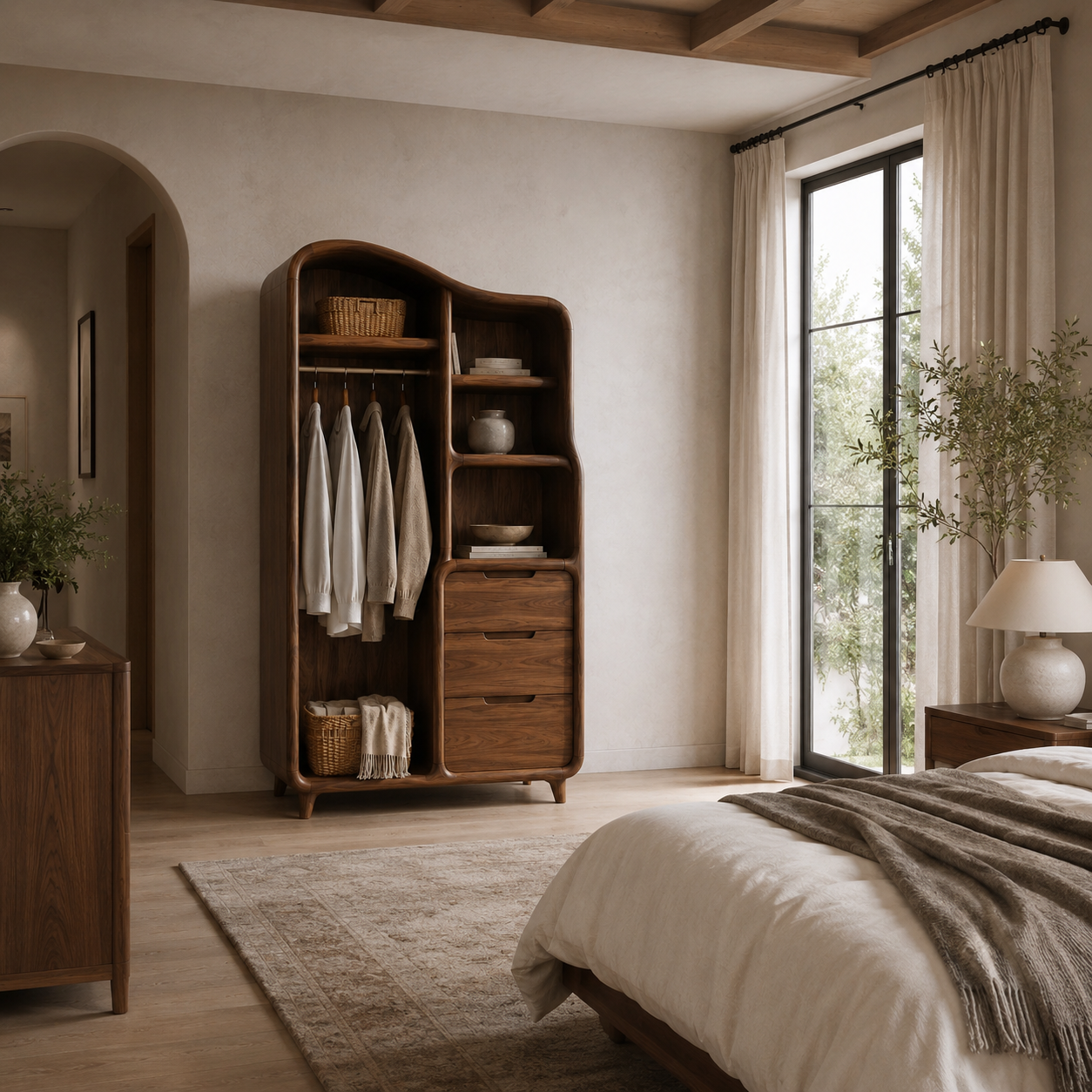 Open Wood Wardrobe – Solid Wood Clothing Storage Cabinet for Bedroom Decor