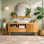 Mid-Century Bathroom Vanity – Wooden Vanity with Round Mirror and Storage