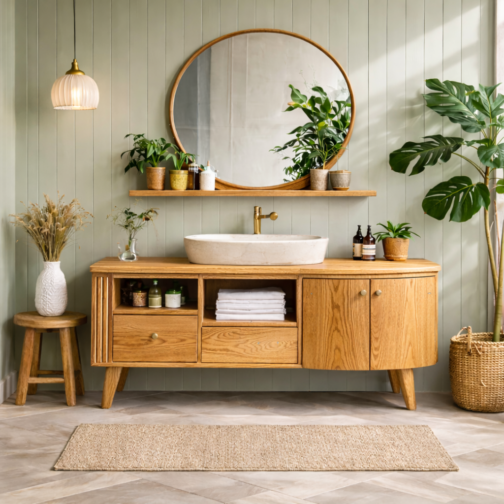 Mid-Century Bathroom Vanity – Wooden Vanity with Round Mirror and Storage