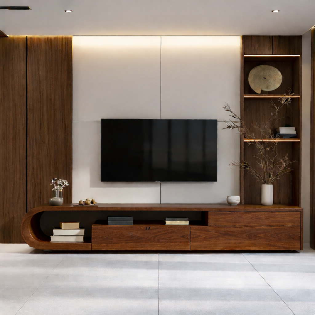 Solid Wood Curved Media Console – Sculptural Low-Profile TV Stand
