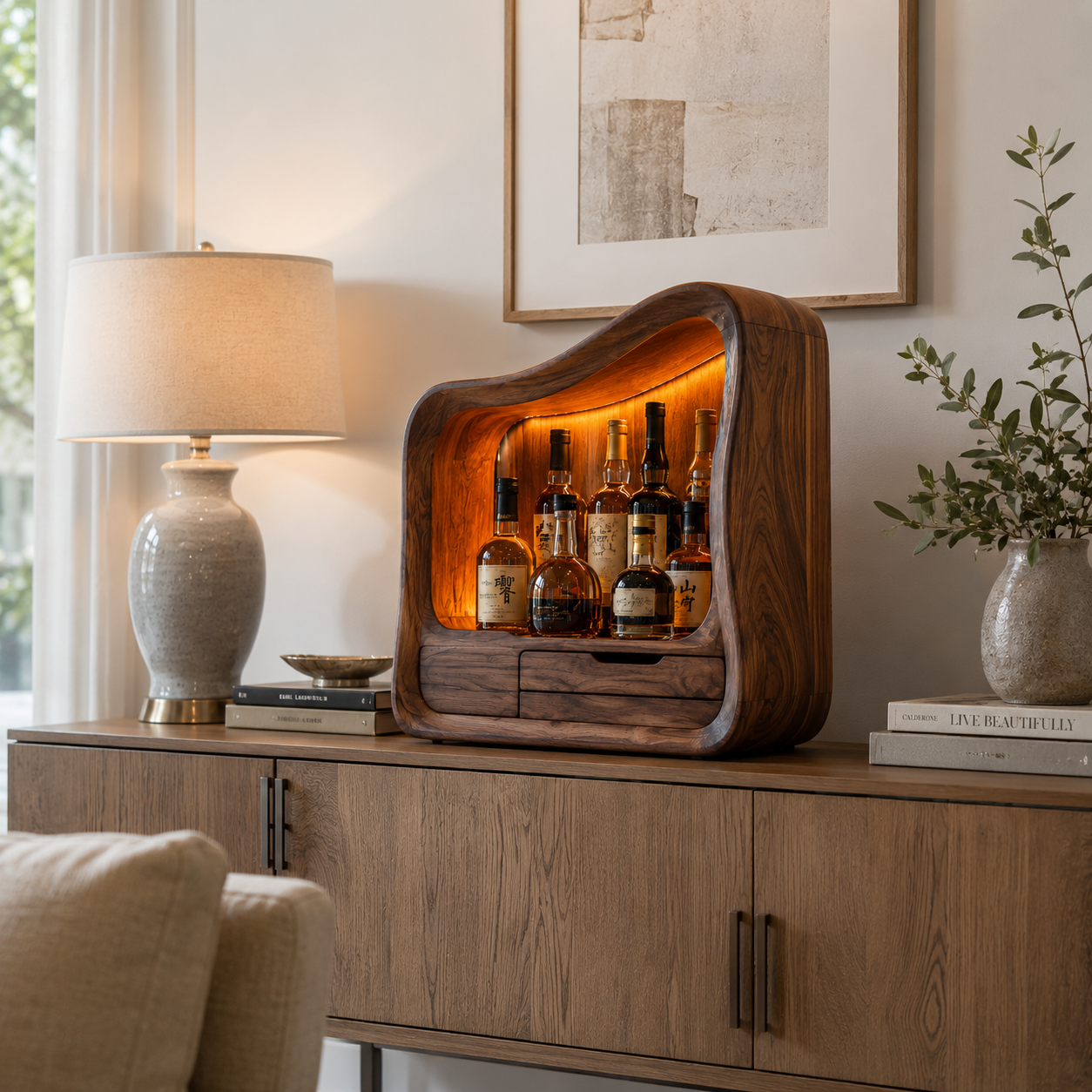 Sculptural Wood Display Cabinet – Solid Wood Lighted Storage Cabinet for Living Room Decor